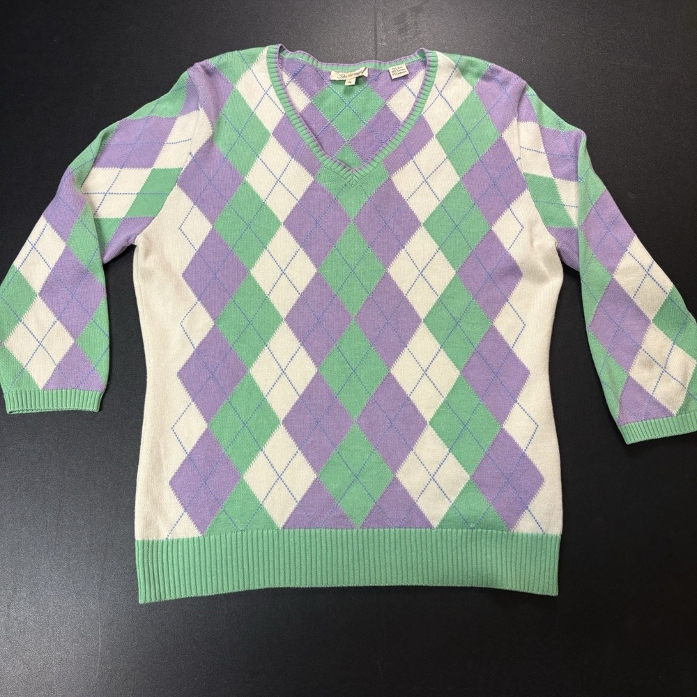 Womens Peter Millar Argyle Sweater 3/4 Sleeve Silk Cotton‎ Cashmere Sz M Golf